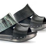 Black wedge sandals with black and alligator-like leather close-up