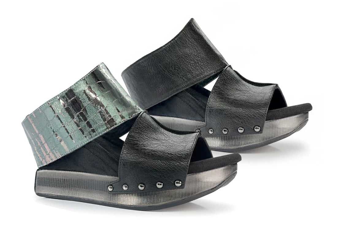 Black wedge sandals with black and alligator-like leather close-up
