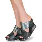 Black wedge sandals with black and alligator-like leather model
