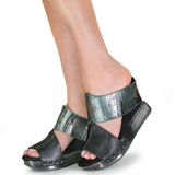 Black wedge sandals with black and alligator-like leather model