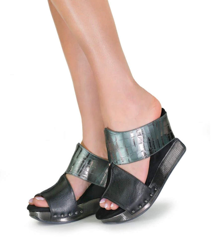 Black wedge sandals with black and alligator-like leather model