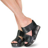 Black wedge sandals with black leather model