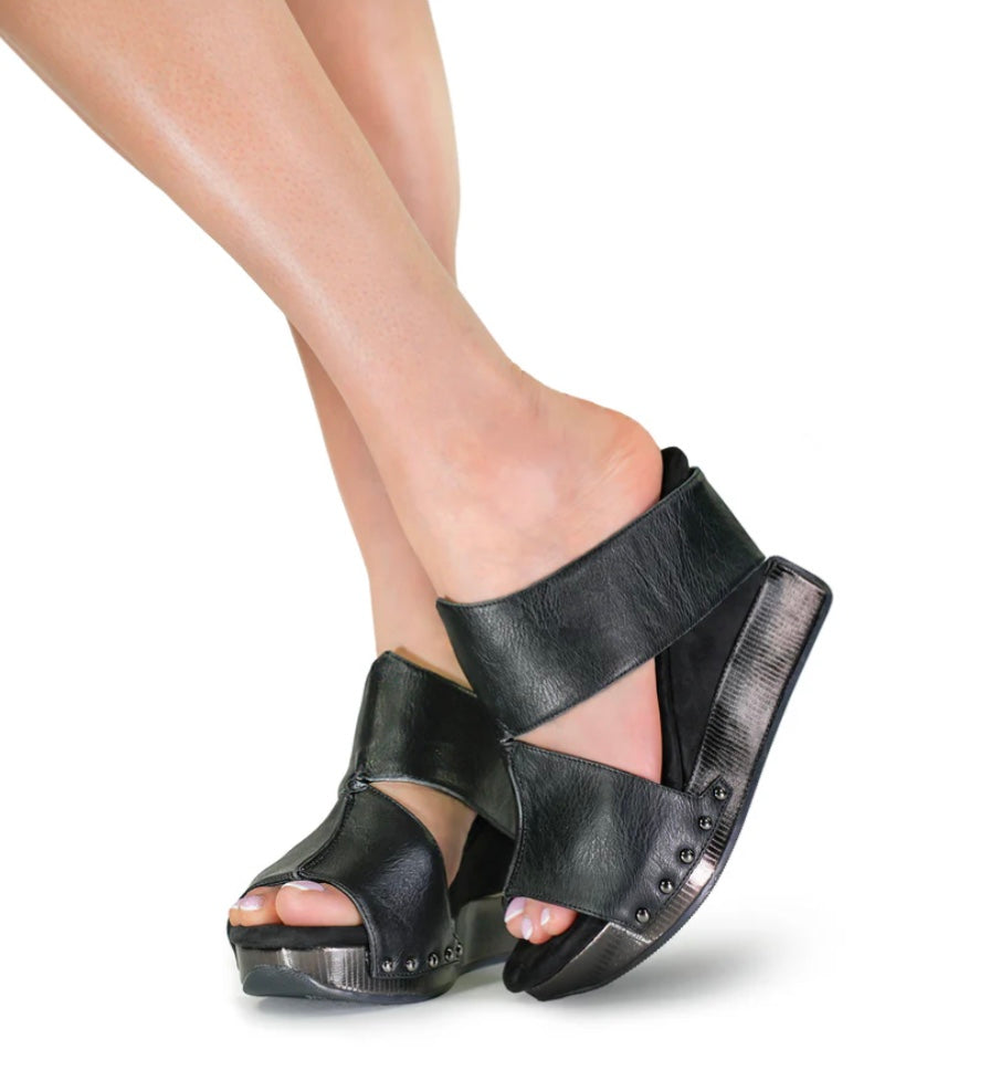 Black wedge sandals with black leather model