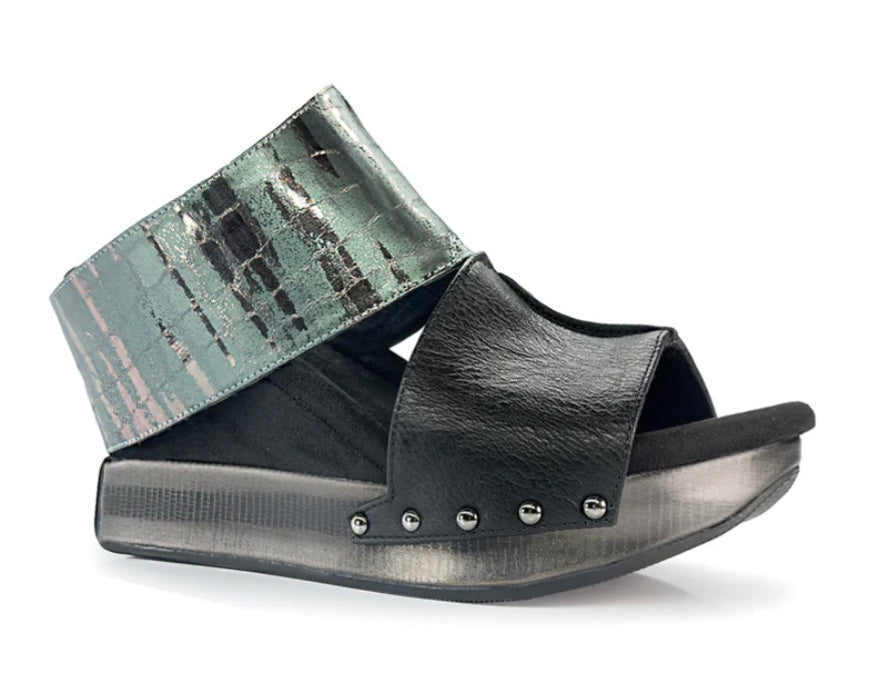 Black wedge sandals with alligator-like leather side view