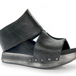 Black wedge sandals with black leather side view