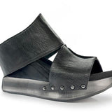 Black wedge sandals with black leather side view