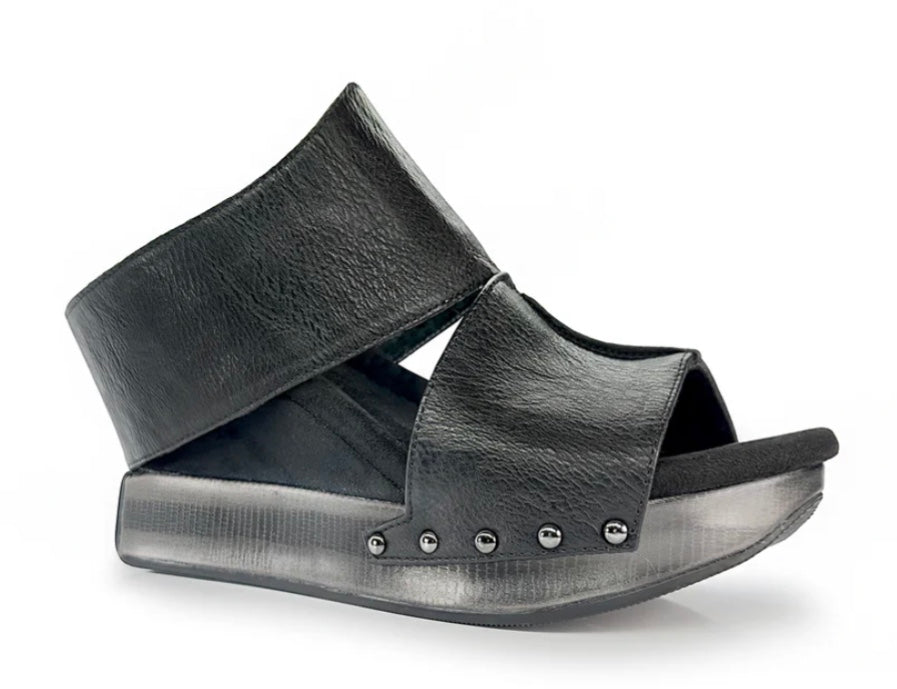 Black wedge sandals with black leather side view