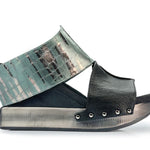 Black wedge sandals with black and alligator-like leather side view 2