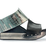 Black wedge sandals with black and alligator-like leather side view 2