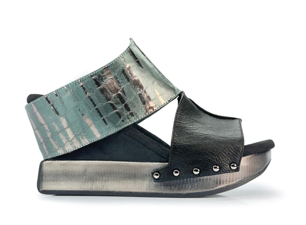 Black wedge sandals with black and alligator-like leather side view 2