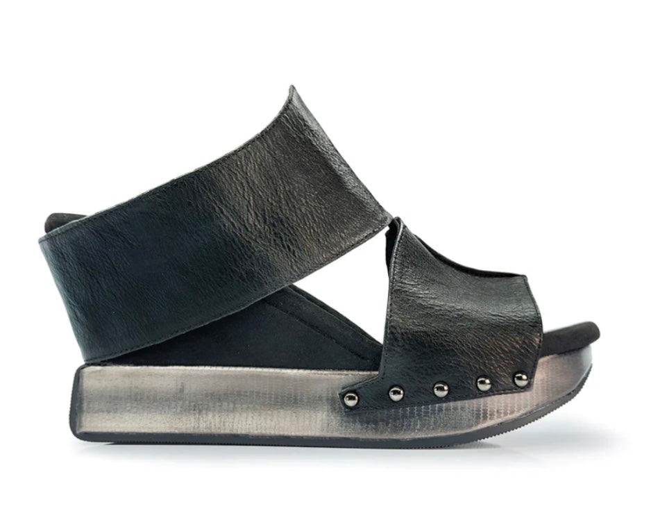 Black wedge sandals with black leather side view 2