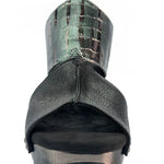 Black wedge sandals with alligator-like leather front view