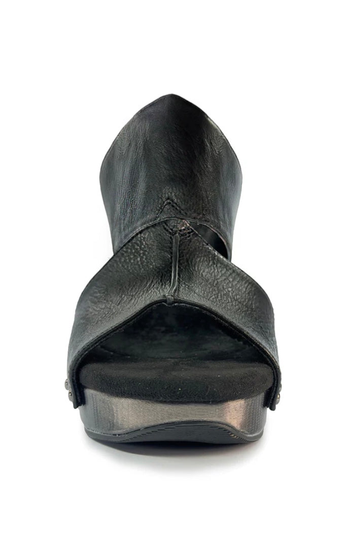 Black wedge sandals with black leather front view