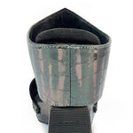 Black wedge sandals with alligator-like leather heel view