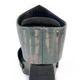 Black wedge sandals with alligator-like leather heel view