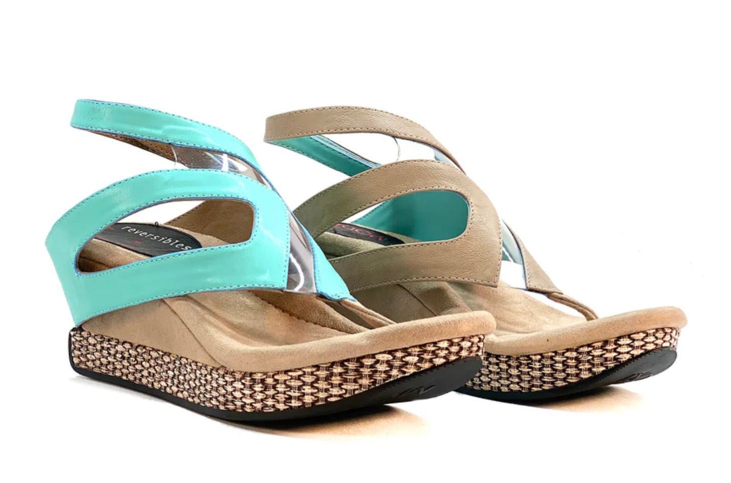Wedge sandals with turquoise straps close-up