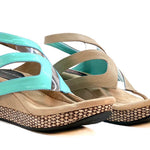 Wedge sandals with turquoise straps close-up
