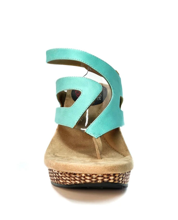 Wedge sandal with turquoise straps front view