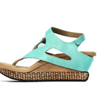 Wedge sandal with turquoise straps side view