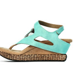 Wedge sandal with turquoise straps side view