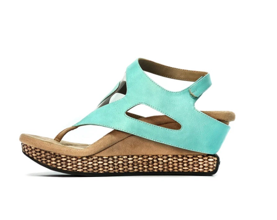 Wedge sandal with turquoise straps side view