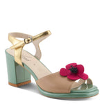 Open toe heeled shoe with gold strap, green sole, tan toe strap and raspberry flower front view