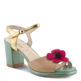 Open toe heeled shoe with gold strap, green sole, tan toe strap and raspberry flower front view