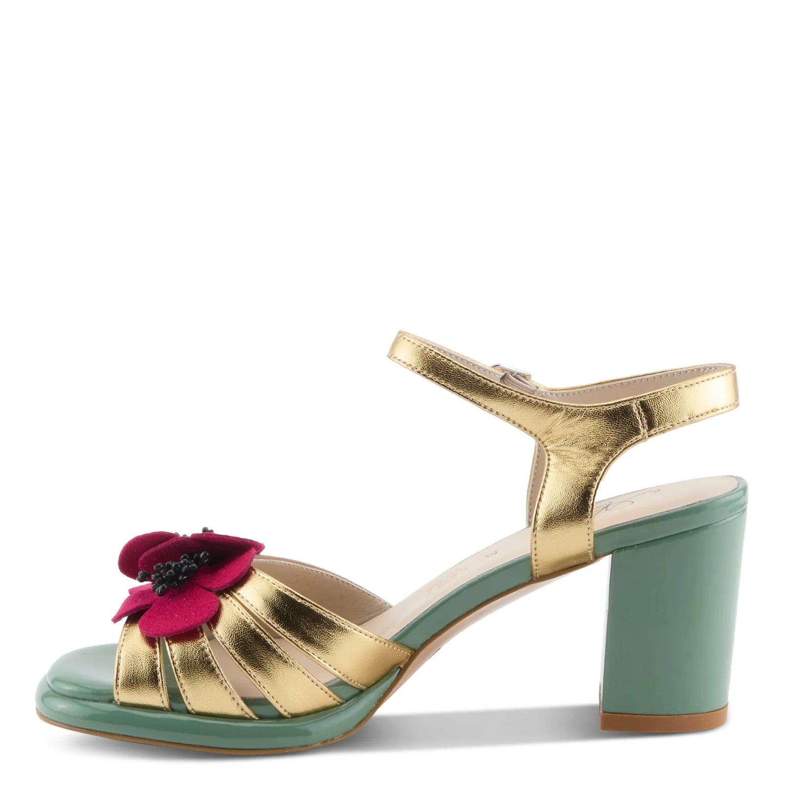 Open toe heeled shoe with gold strap, green sole, tan toe strap and raspberry flower side view