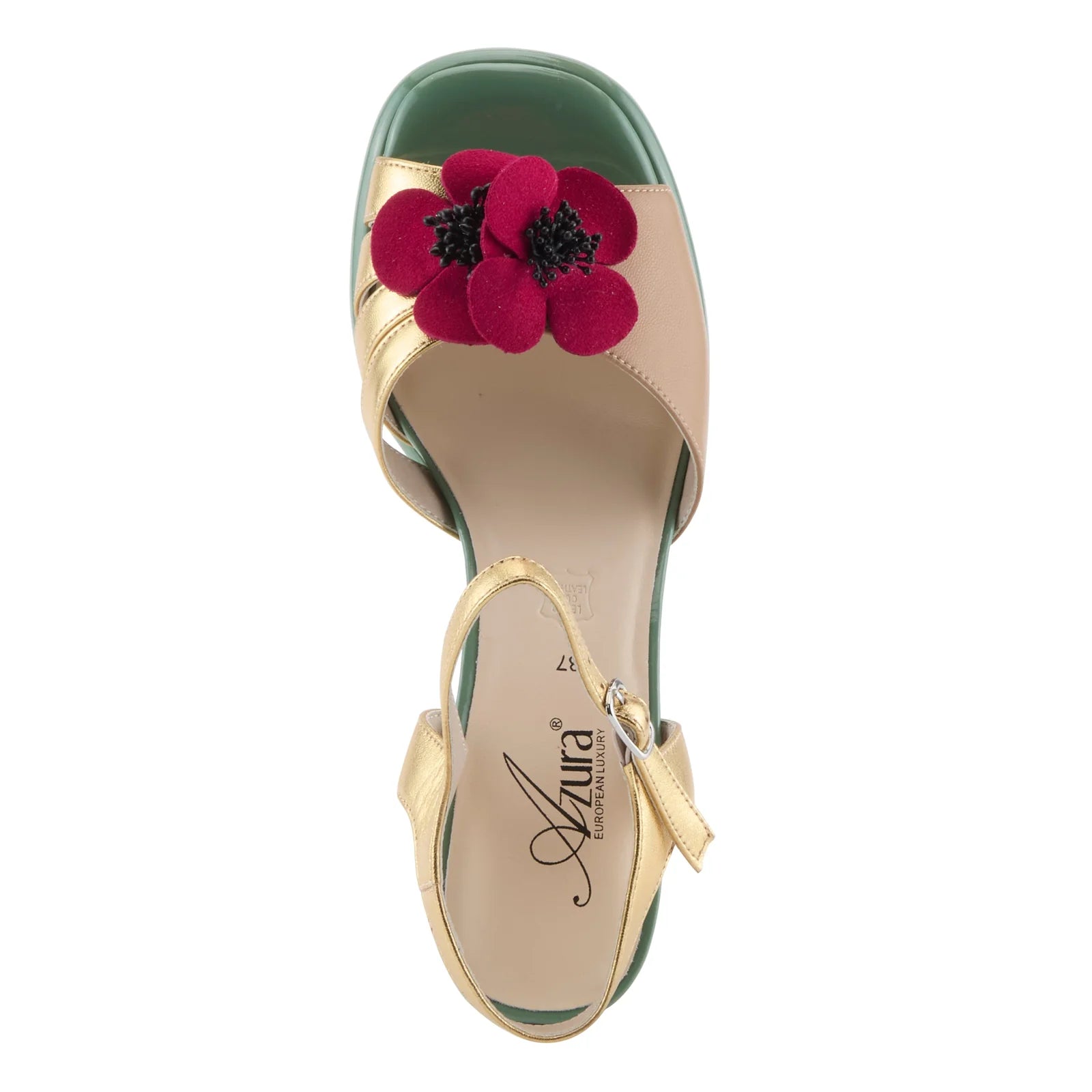 Open toe heeled shoe with gold strap, green sole, tan toe strap and raspberry flower top view