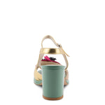 Open toe heeled shoe with gold strap, green sole, tan toe strap and raspberry flower heel view