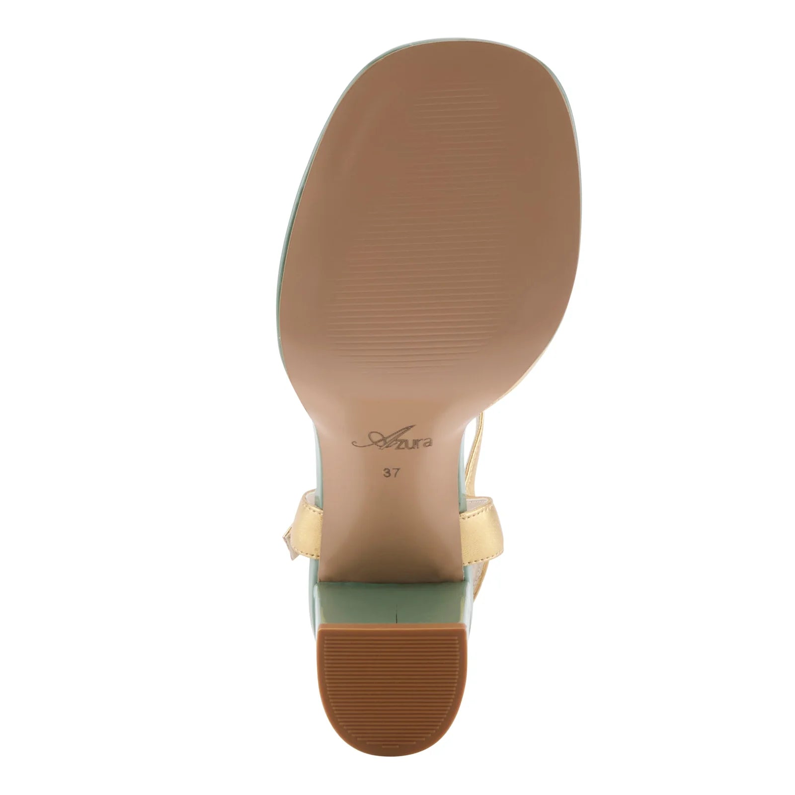 Open toe heeled shoe with gold strap, green sole, tan toe strap and raspberry flower sole