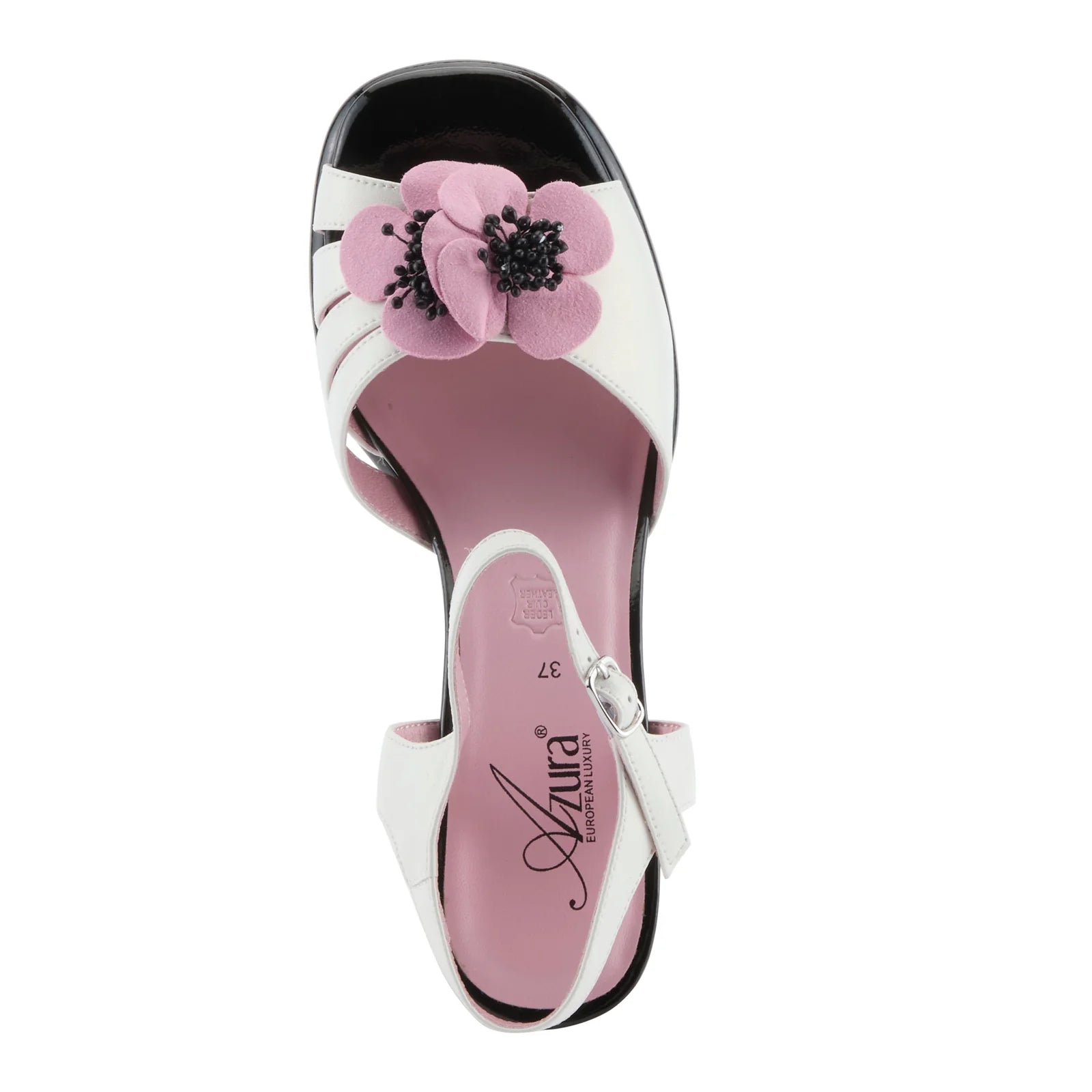 Open toe heeled shoe with white strap, black sole, and pink flower top view