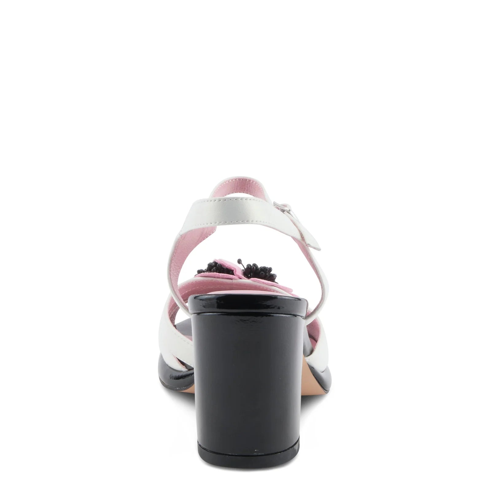 Open toe heeled shoe with white strap, black sole, and pink flower heel view