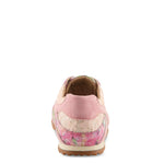 Pink sneaker with floral pattern heel view