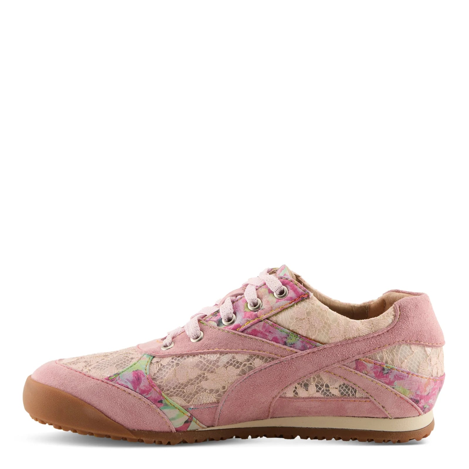 Pink sneaker with floral pattern side view