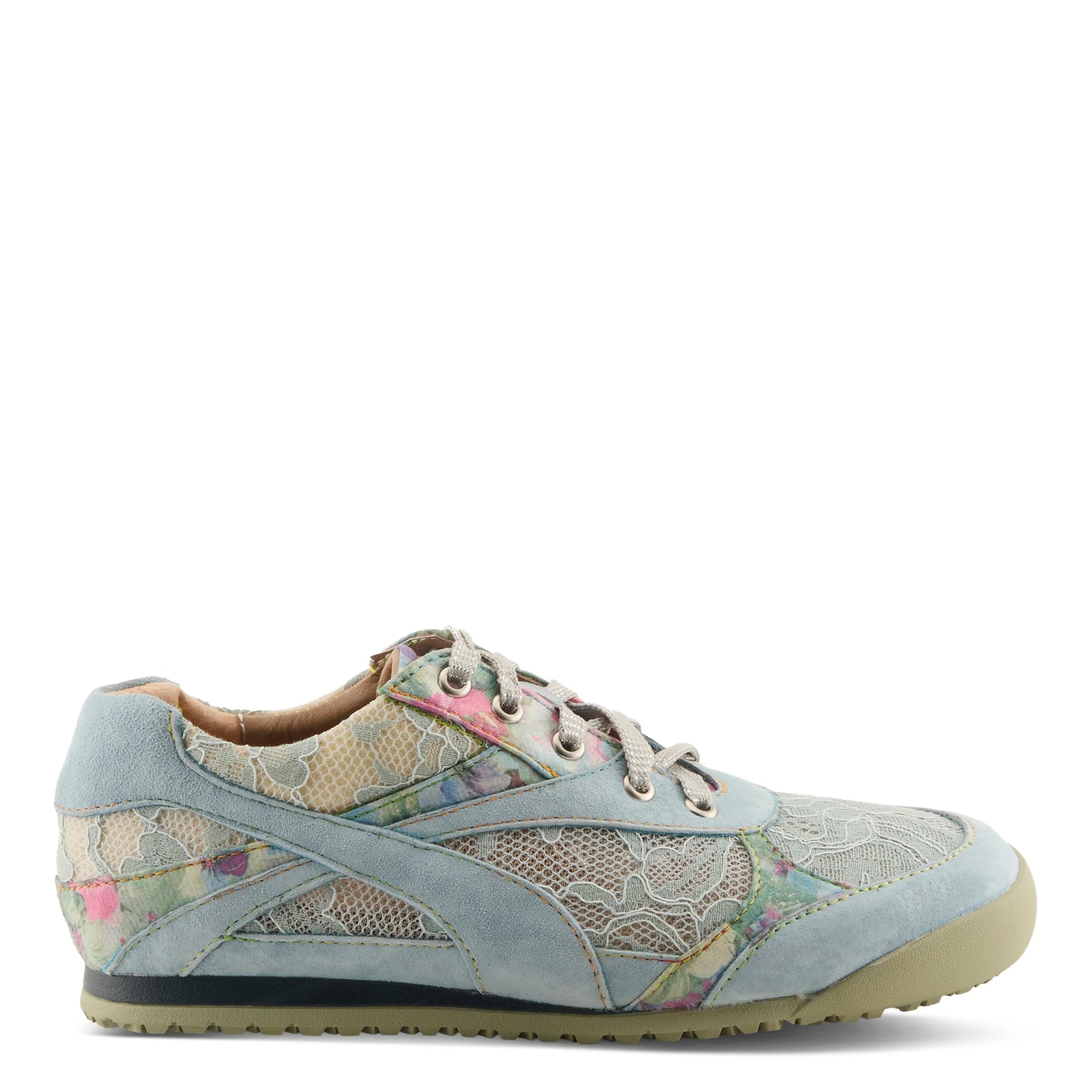 Light blue sneaker with floral pattern close-up