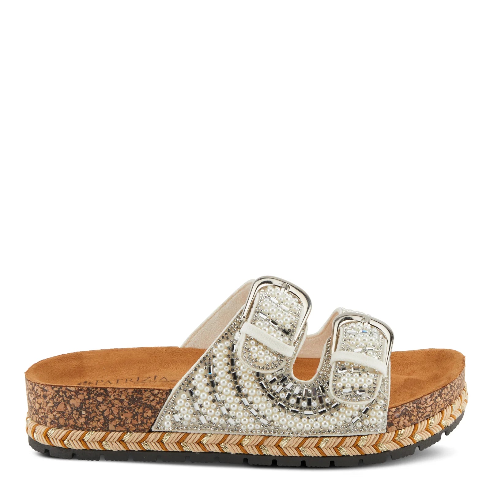 Silver sandal with white pearl embellishments & cork sole close-up