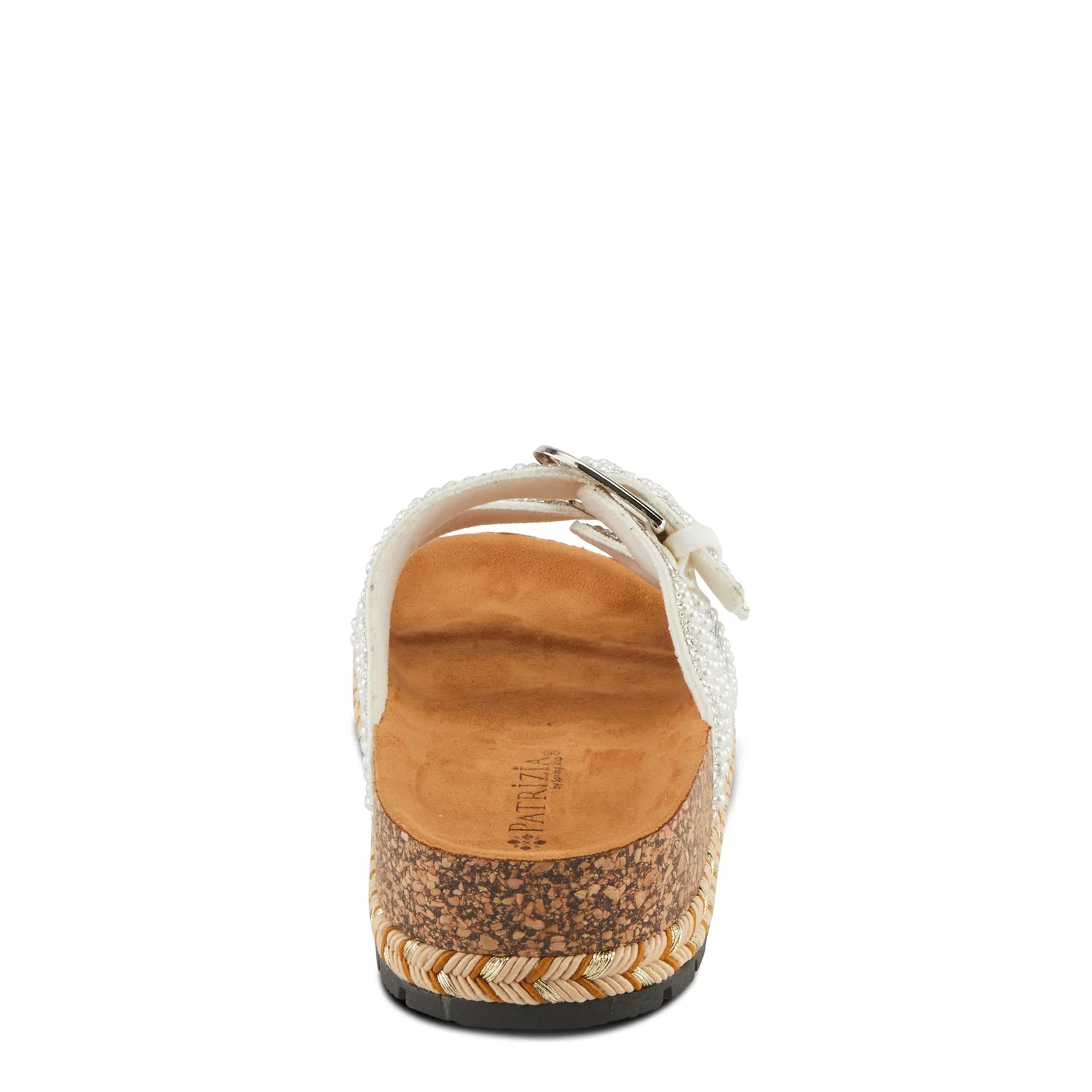 Silver sandal with white pearl embellishments & cork sole heel view