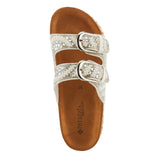 Silver sandal with white pearl embellishments & cork sole top view