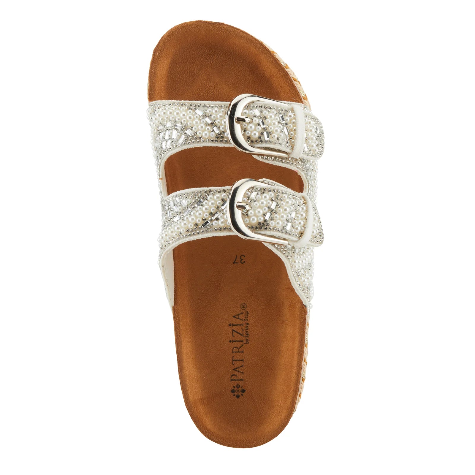 Silver sandal with white pearl embellishments & cork sole top view