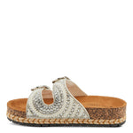 Silver sandal with white pearl embellishments & cork sole side view