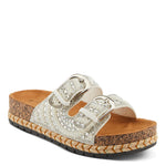 Silver sandal with white pearl embellishments & cork sole front view