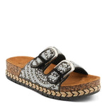 Black sandal with white pearl embellishments & cork sole side view