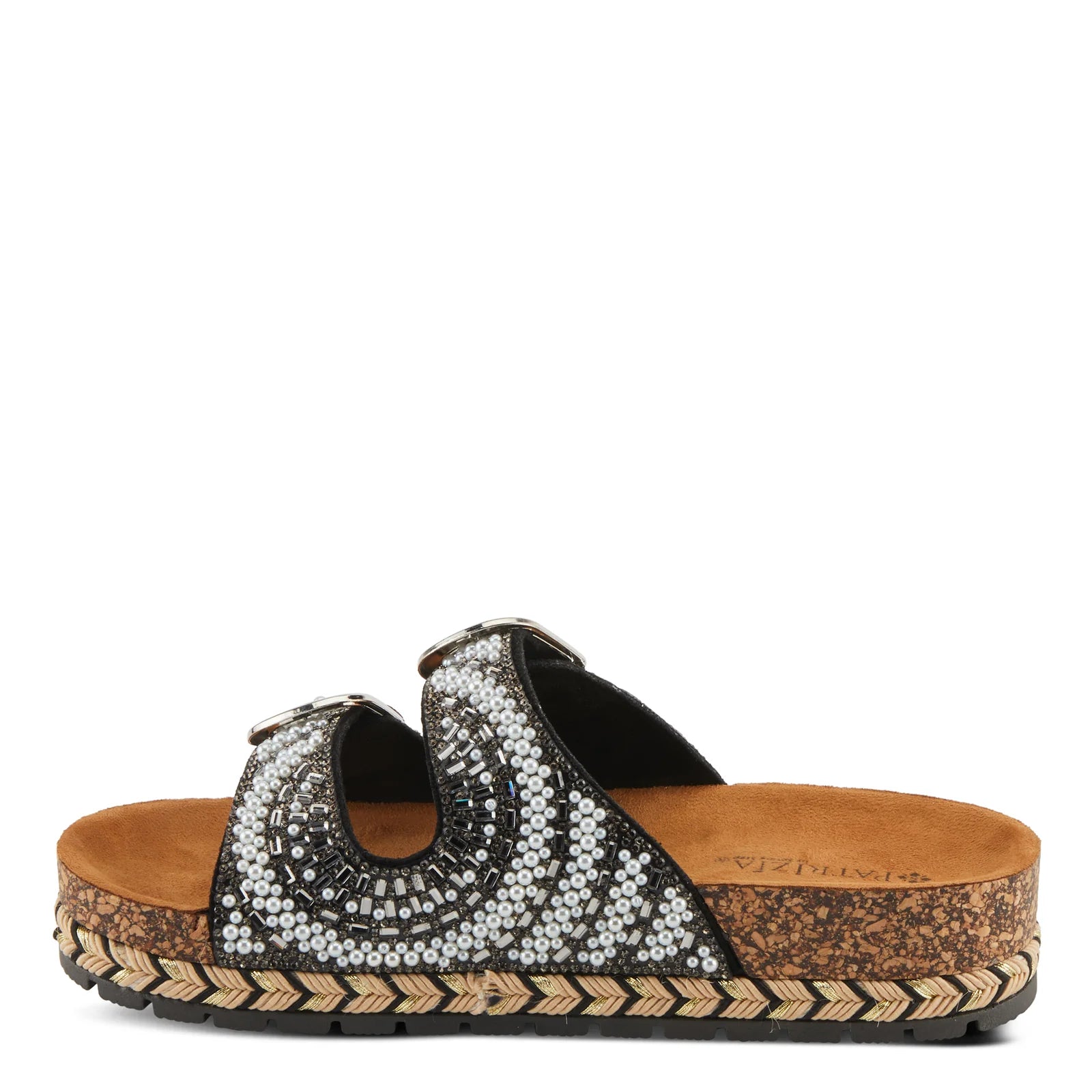 Black sandal with white pearl embellishments & cork sole inner side view