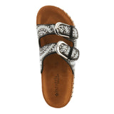 Black sandal with white pearl embellishments & cork sole top view