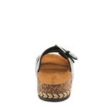 Black sandal with white pearl embellishments & cork sole heel view