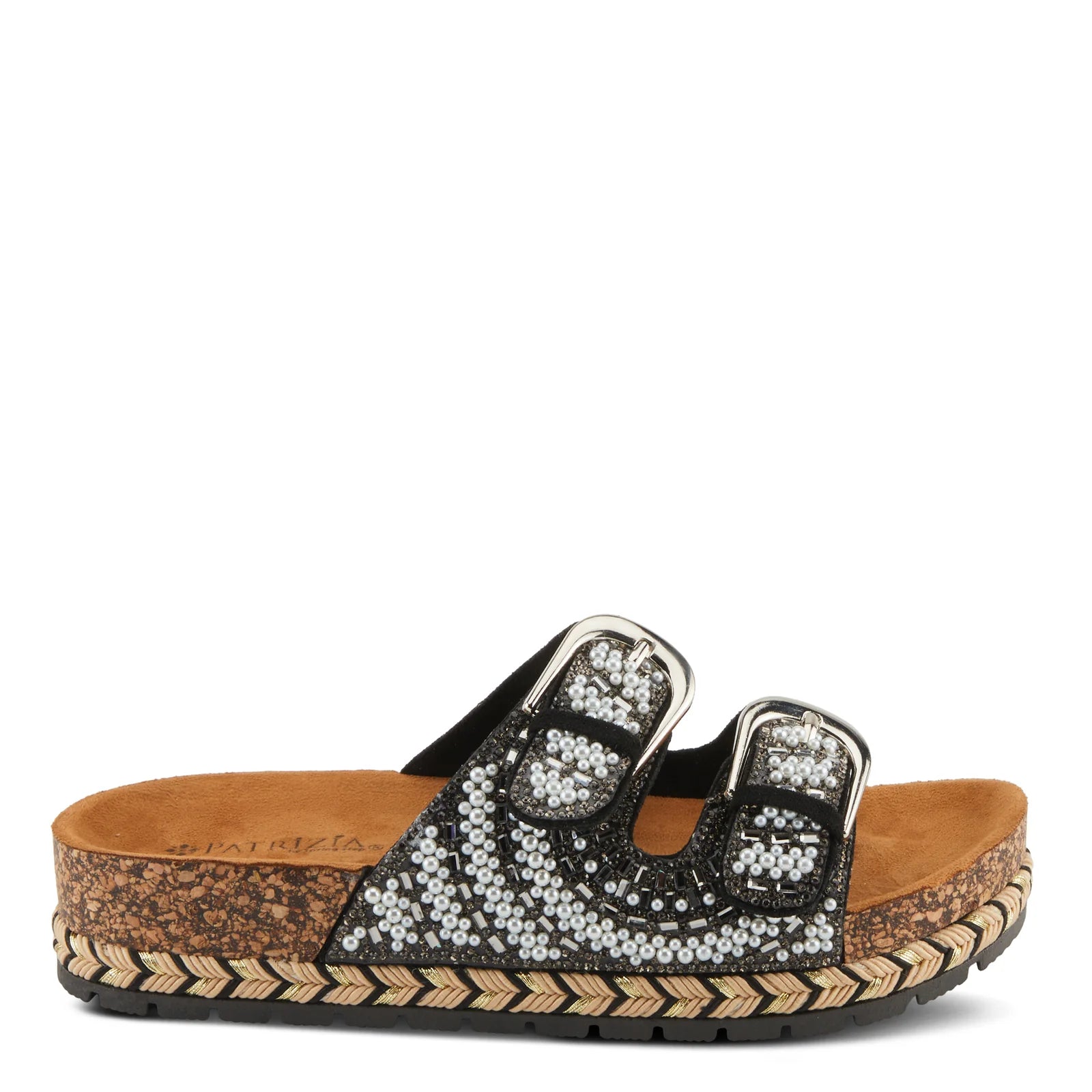 Black sandal with white pearl embellishments & cork sole close-up