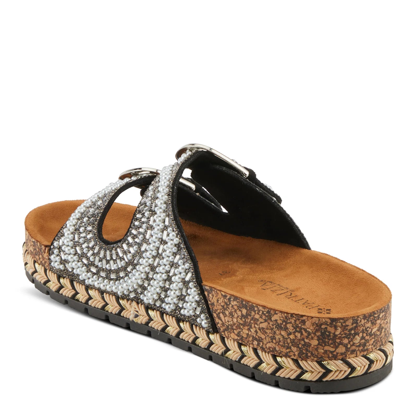Black sandal with white pearl embellishments & cork sole inner side view