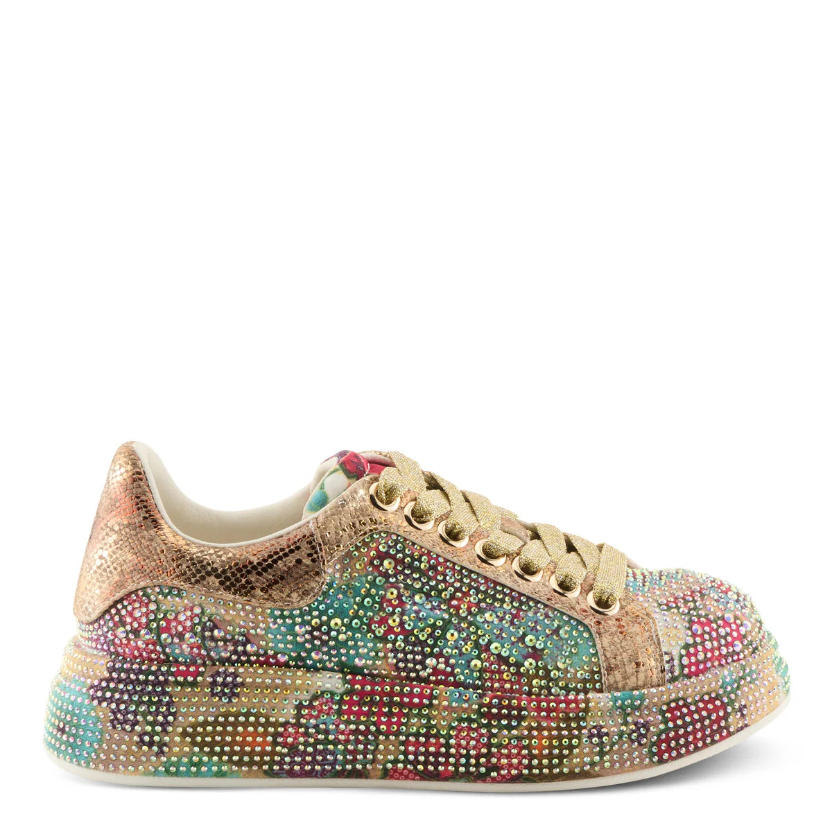 Multicolored floral-patterned sneaker with gold accents close-up