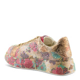 Multicolored floral-patterned sneaker with gold accents heel view